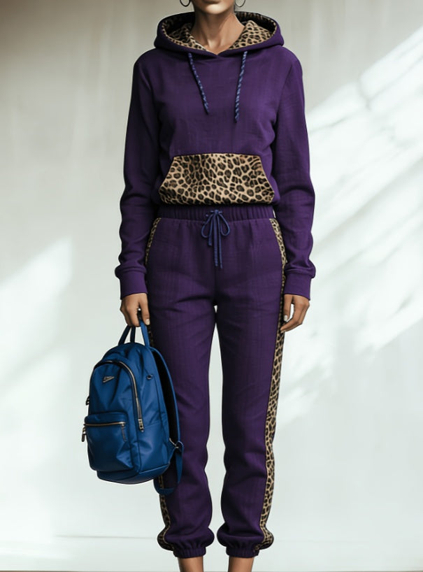 Leopard Print Patchwork Hooded Sweatshirt Set