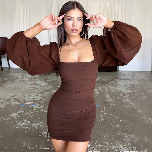 Sexy Deep V Hollow-out Knot Women's Pleated Bodycon Dress