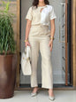 Womens Two-piece Pantsuit Short-sleeve Hollow-out Blouse With Straight-leg Pants