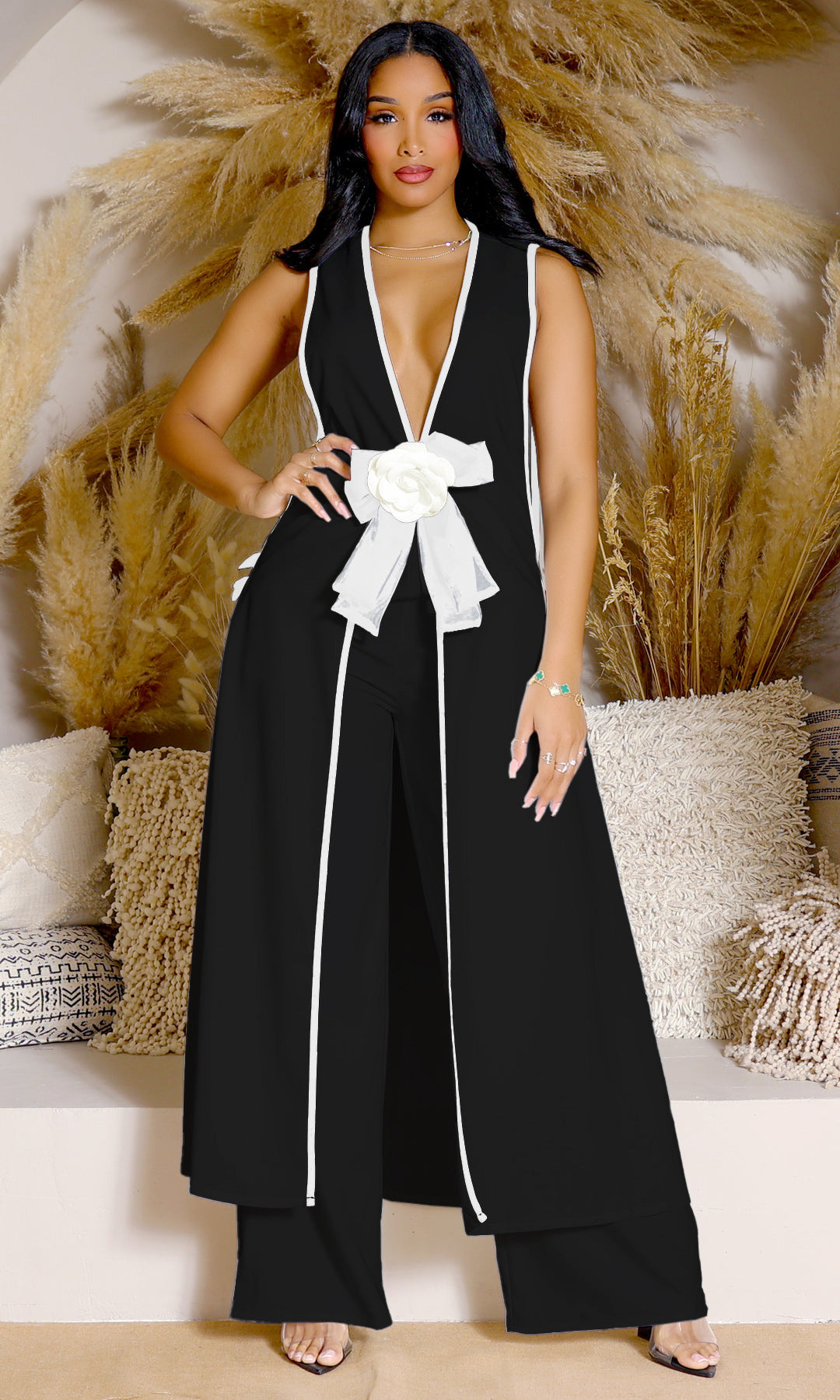 Camellia Bowknot Sleeveless Long Tank Dress And Wide Leg Pants Set
