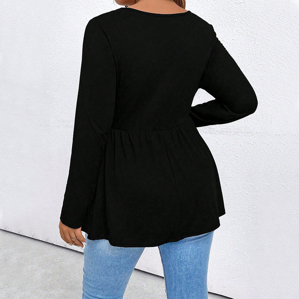 Women's Square-neck Knit Long-sleeve Loose Waist-slimming Solid-color Top