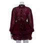 Lapel-collar Long-sleeve Single-breasted Button-up Belted Shirt Dress