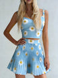 French Retro Style Floral Print Suspender Pleated Skirt Suit For Women