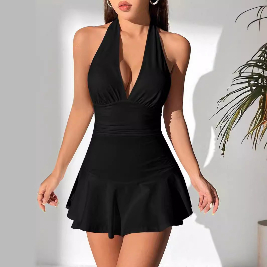 Sexy Deep V-neck Low-cut Tummy-covering Slimming Halter Dress