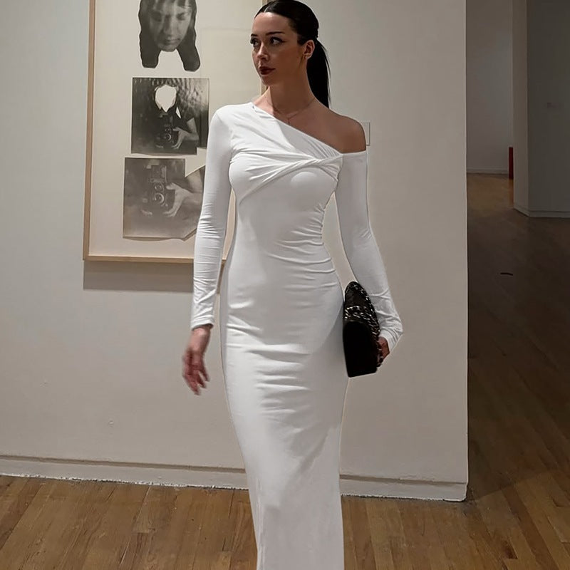 Women's Fashion Slim-fit Slant Shoulder Twist Solid Color Dress