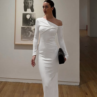 Women's Fashion Slim-fit Slant Shoulder Twist Solid Color Dress