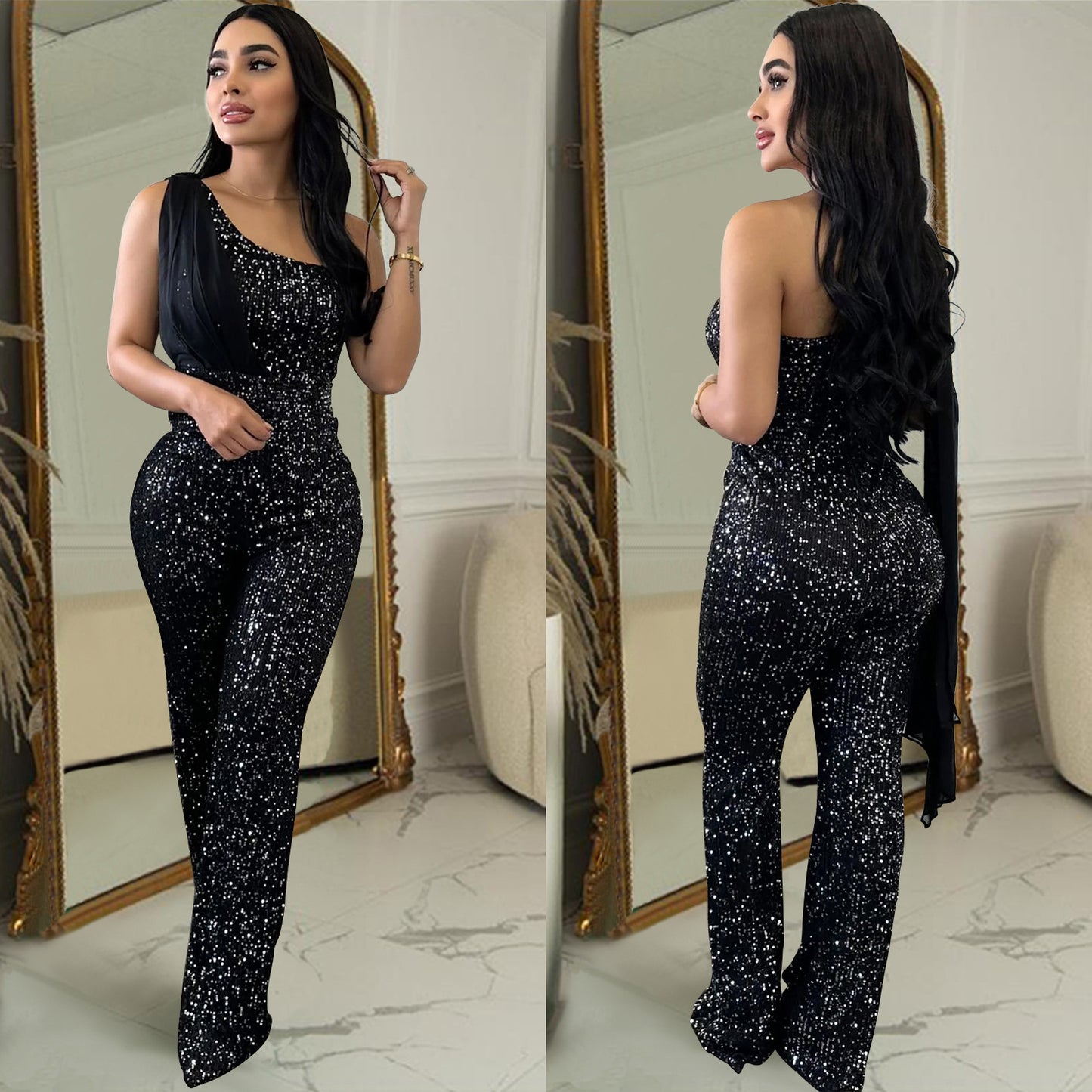 Women's Solid Color Sleeveless One-shoulder Sequined Trousers Jumpsuit