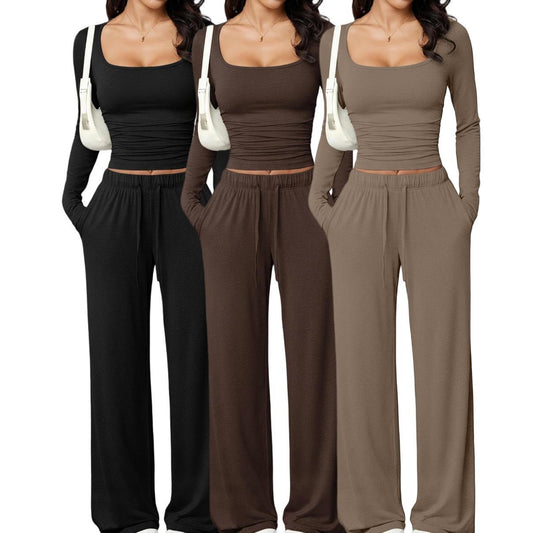 Womens Casual Pants And Square Neck Long Sleeve Cropped Top Set