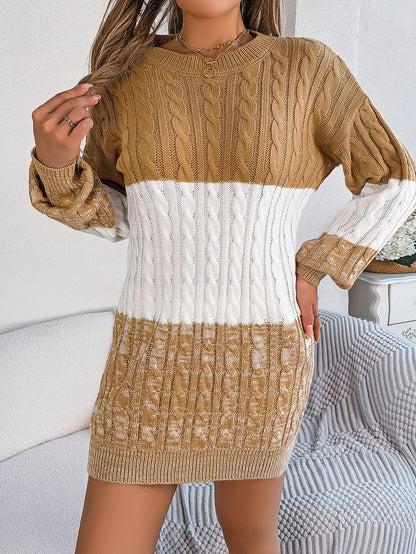 Casual Color Block Cable Knit Lantern Sleeve Sweater Dress