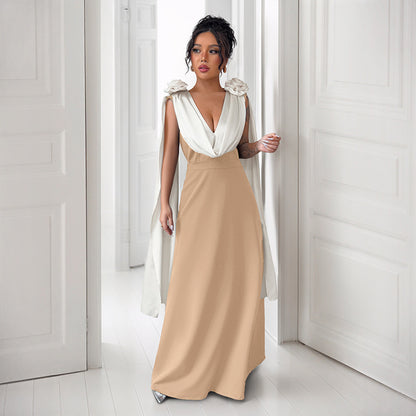 A High-end And Elegant V-neck Sleeveless Dress With Contrasting Colors