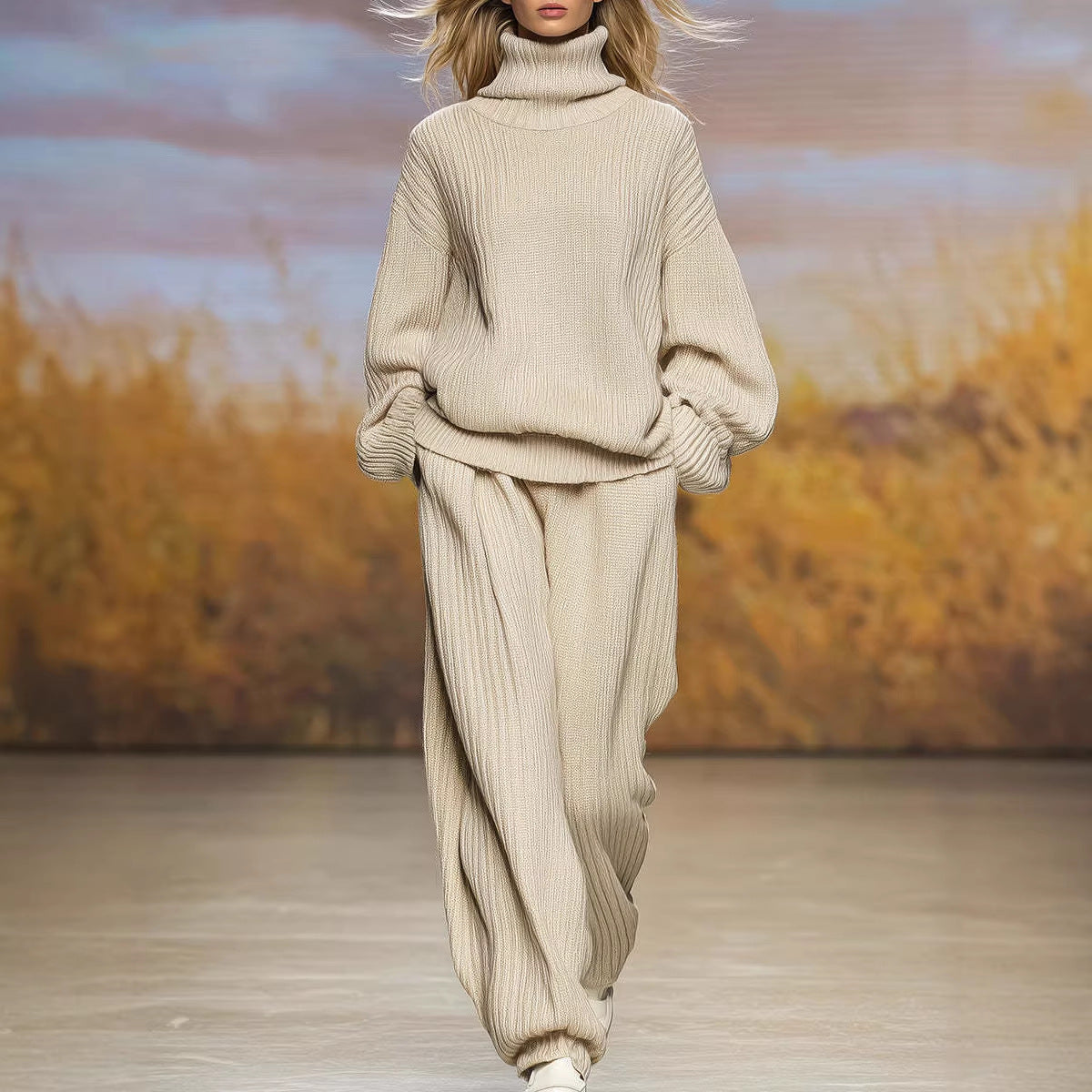 Knitted Loose Fitting Turtleneck And Wide Leg Pants Set