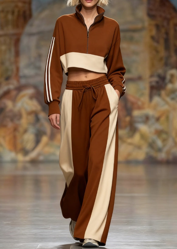 Short-sleeved Stand-collar Zippered Sweater With Wide-leg Pants Two-piece Set