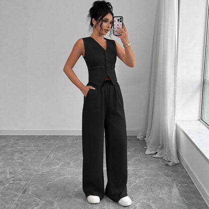 Elegant Button-front Sleeveless Vest And Trousers Set