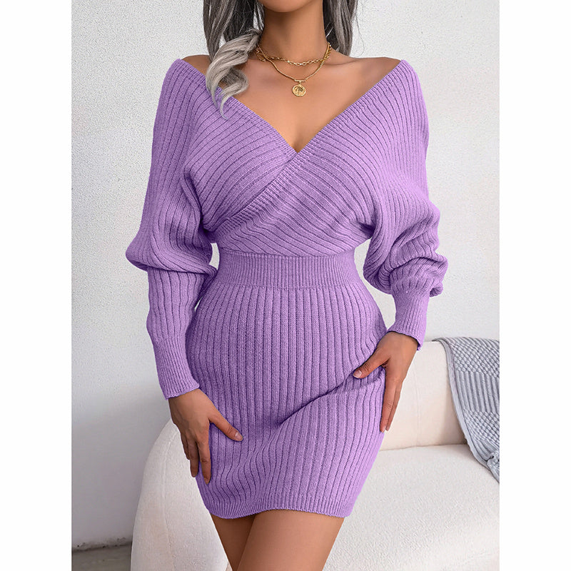 Women's Batwing Sleeve Sweater Dress - Sexy Off The Shoulder V-Neck Mini Dress, Solid Color