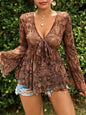 New Versatile Mesh Printed Deep V-neck Slim-fit Long Sleeve Top