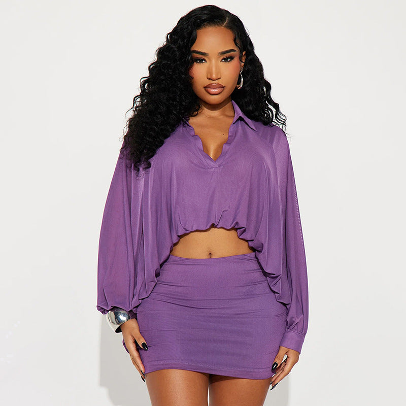 Mesh Bubble Hem Shirt Dress Set