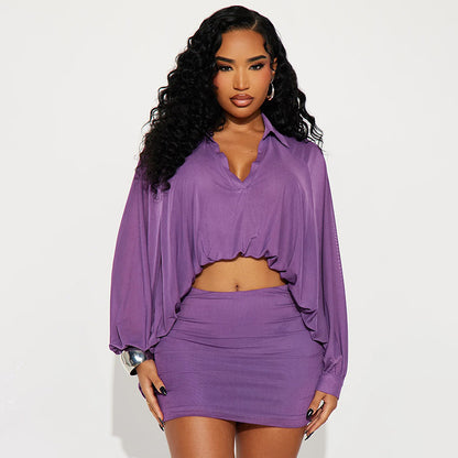 Mesh Bubble Hem Shirt Dress Set