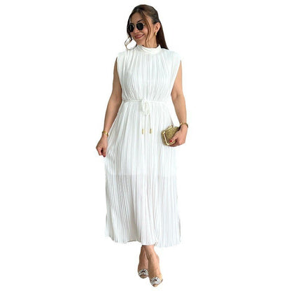 Fashionable Simple Half Turtleneck Waist-controlled Lace-up Midi Dress