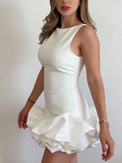 Sweet-style Ruffled-panel Bloomers Crew-neck Suspender Short Skirt