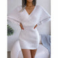 Women's Batwing Sleeve Sweater Dress - Sexy Off The Shoulder V-Neck Mini Dress, Solid Color