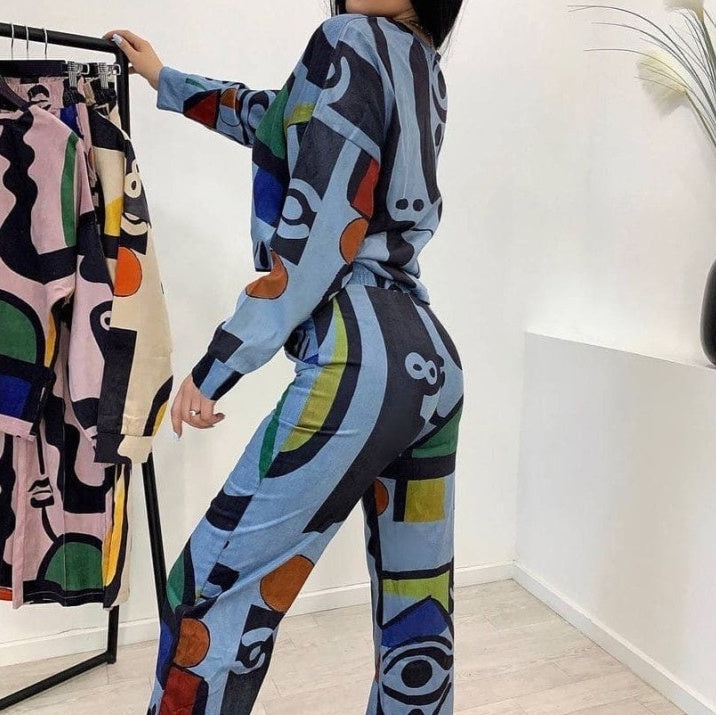 Womens Personalized Printed Graffiti Long-Sleeve Shirt And Straight-Leg Pants Set