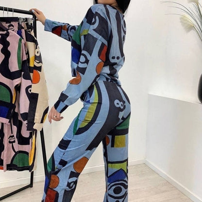 Womens Personalized Printed Graffiti Long-Sleeve Shirt And Straight-Leg Pants Set