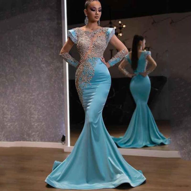 Daily Light Blue Fishtail Long Slimming Temperament Annual Party Evening Dress Women