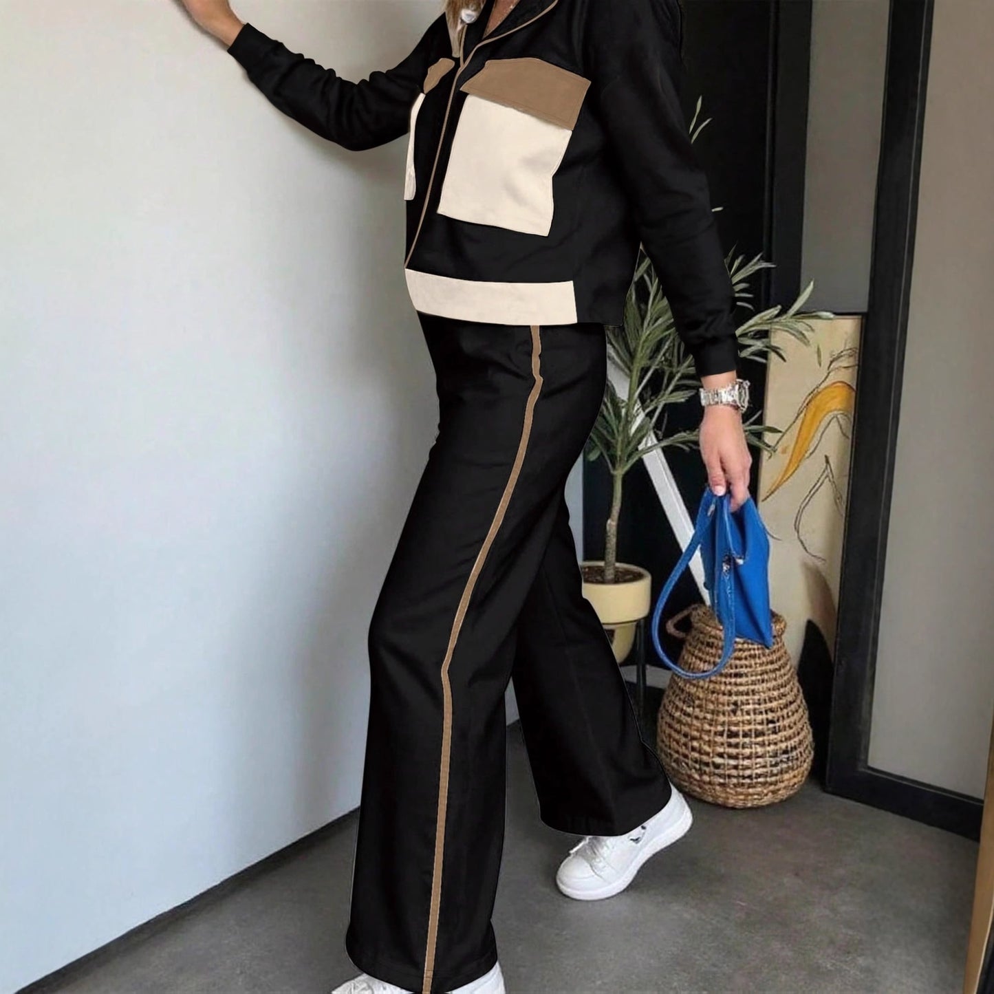 Color Matching Long Sleeve Top Elastic Waist All-matching Straight Trousers Ladies Two-piece Set