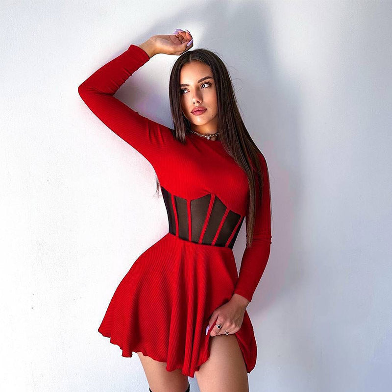 Women's Semi-high Collar Long Sleeve Fashion Mesh Spliced Fishbone Waist Short Dress