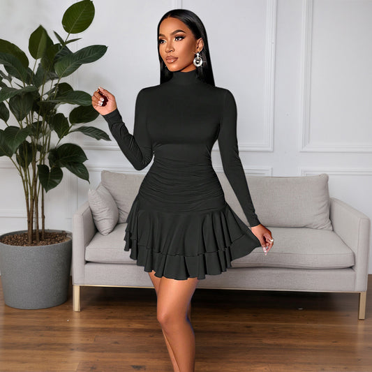 Black Mid-waist Pleated Double-layer Ruffle Mini Skirt
