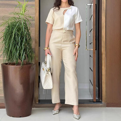 Womens Two-piece Pantsuit Short-sleeve Hollow-out Blouse With Straight-leg Pants