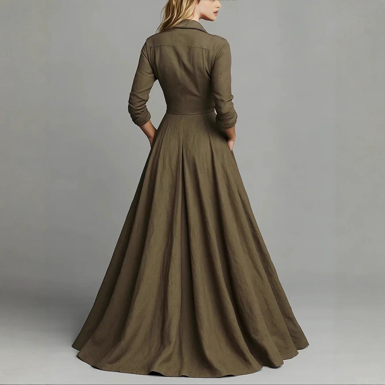 Solid Color Button-down Collar Long Sleeve Dress