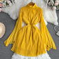 Horn Long Sleeves Stand Collar Waist A-line Chiffon Dress