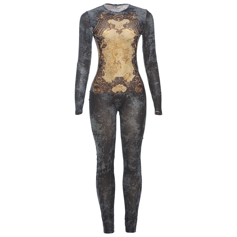 Women's Printed Sexy Mesh High Waist Slim-fit Zipper Long-sleeved Jumpsuit