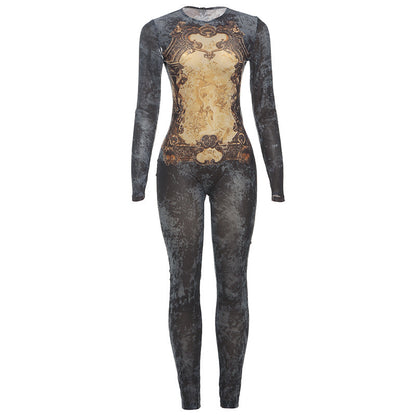 Women's Printed Sexy Mesh High Waist Slim-fit Zipper Long-sleeved Jumpsuit