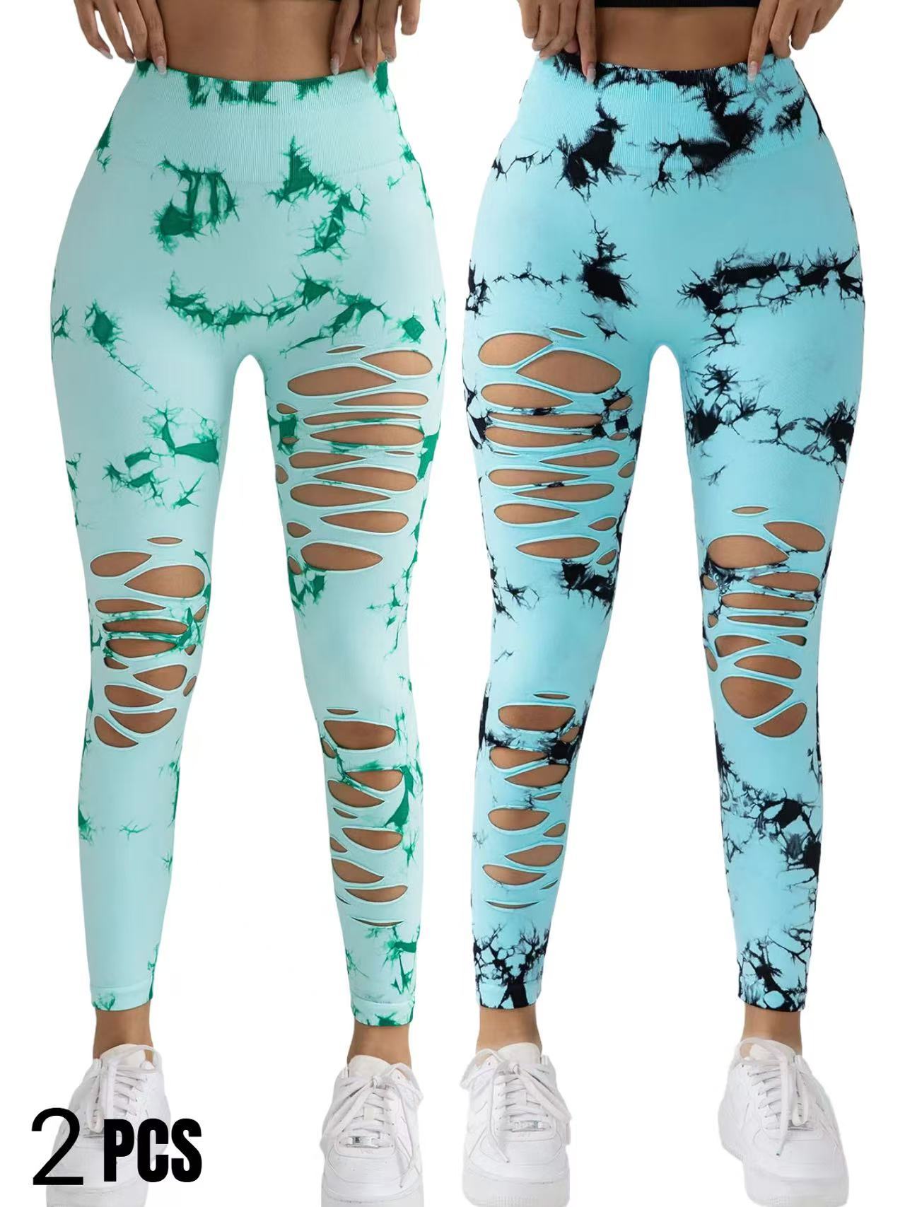 2 Pack New Style Hollow-Out Tie-Dye High-Waisted Tummy-Control Yoga Pants