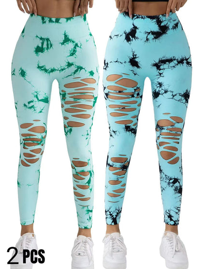2 Pack New Style Hollow-Out Tie-Dye High-Waisted Tummy-Control Yoga Pants
