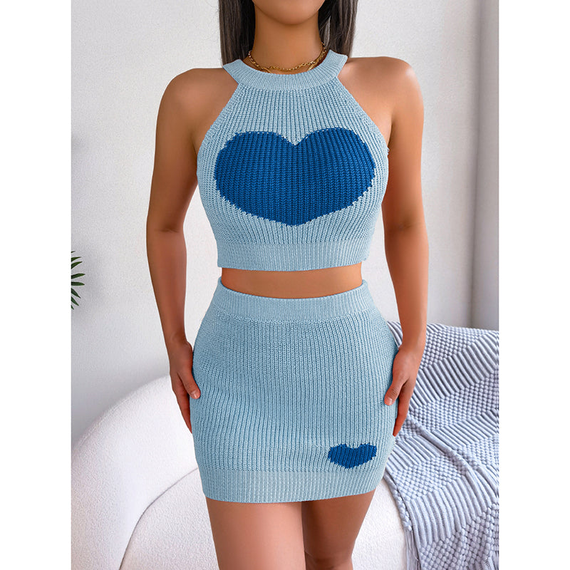 Women's 2 Piece Heart Knit Outfits Backless Halter Crop Tops & Mini Bodycon Skirt