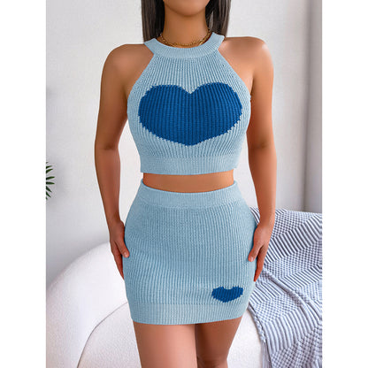 Women's 2 Piece Heart Knit Outfits Backless Halter Crop Tops & Mini Bodycon Skirt