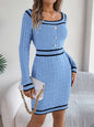 Elegant Square Neck Button Long Sleeve Sweater Dress