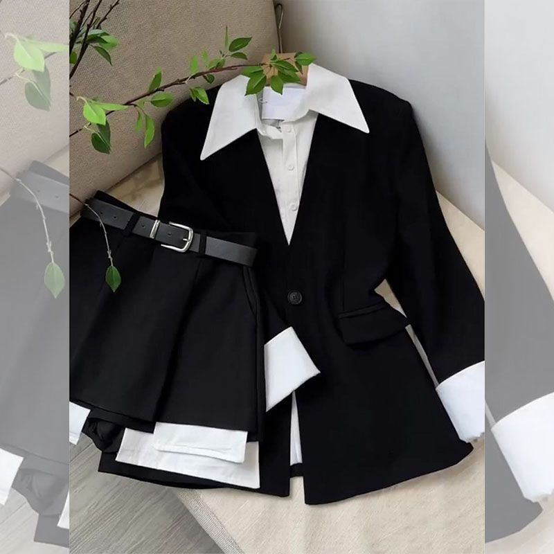 New Fake Two Pieces Suit Jacket Tops Pantskirt Two-piece Set