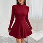Autumn And Winter New European And American Women's Slim-fit Semi-high Neck Waist-cinching A-line Dress Long Sleeve Ribbed Dress