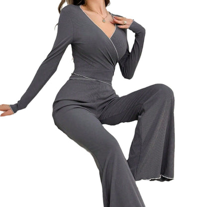 Women's Sexy V-neck Long-sleeve Pants With Straps Pajamas