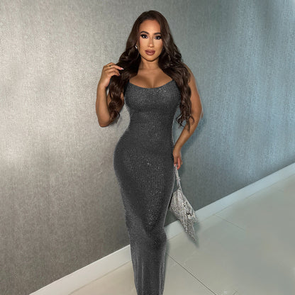 Wear Sexy Mesh Hot Drilling Arm Covering Backless Dress