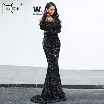 Women Sexy Off Shoulder Long Sleeve Feather Elegant Sequin Maxi Dresss