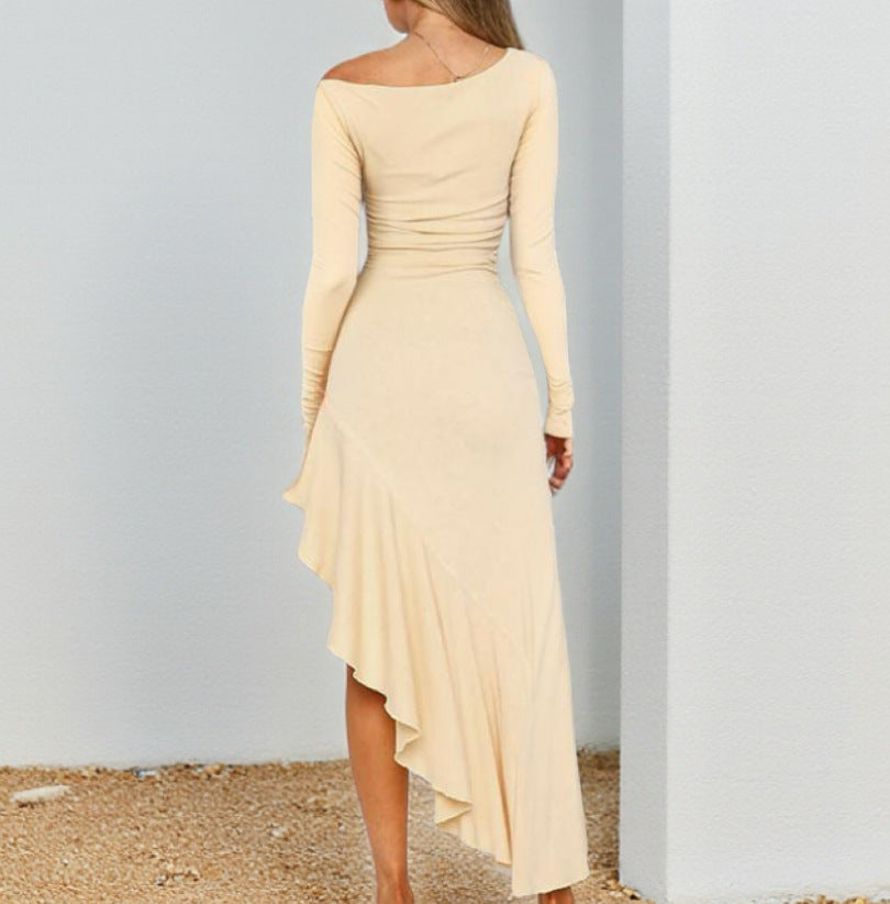 Wave Swing Slant Shoulder Elegant Waist Long Sleeve Dress