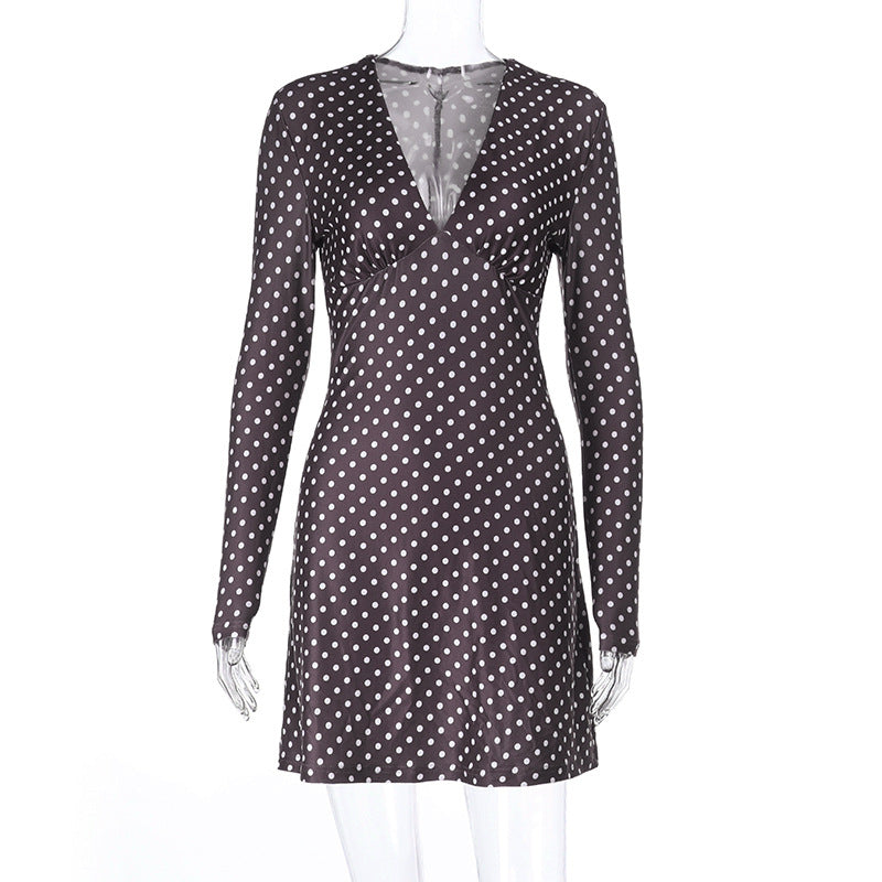 European And American Style V-Neck Polka-Dot Long-Sleeve Dress