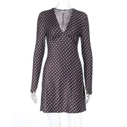 European And American Style V-Neck Polka-Dot Long-Sleeve Dress