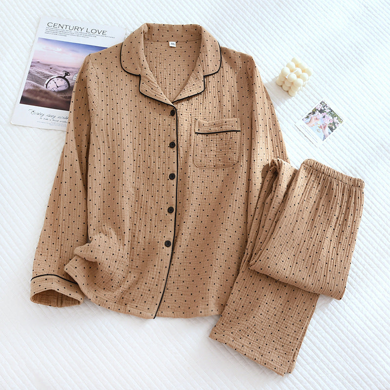 Spring And Summer Long Sleeves Home Thin Women's Crepe Cotton Cardigan Pajamas