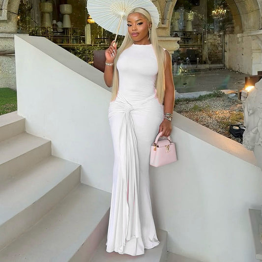 Ruched Crew-neck Strap Sleeveless Dress